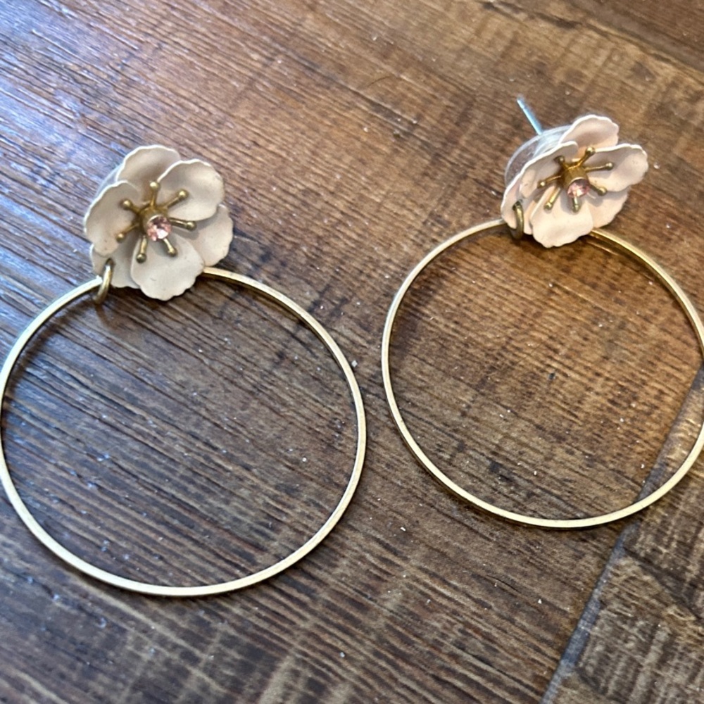 Gold Hoop Earrings with Pink Flower Studs